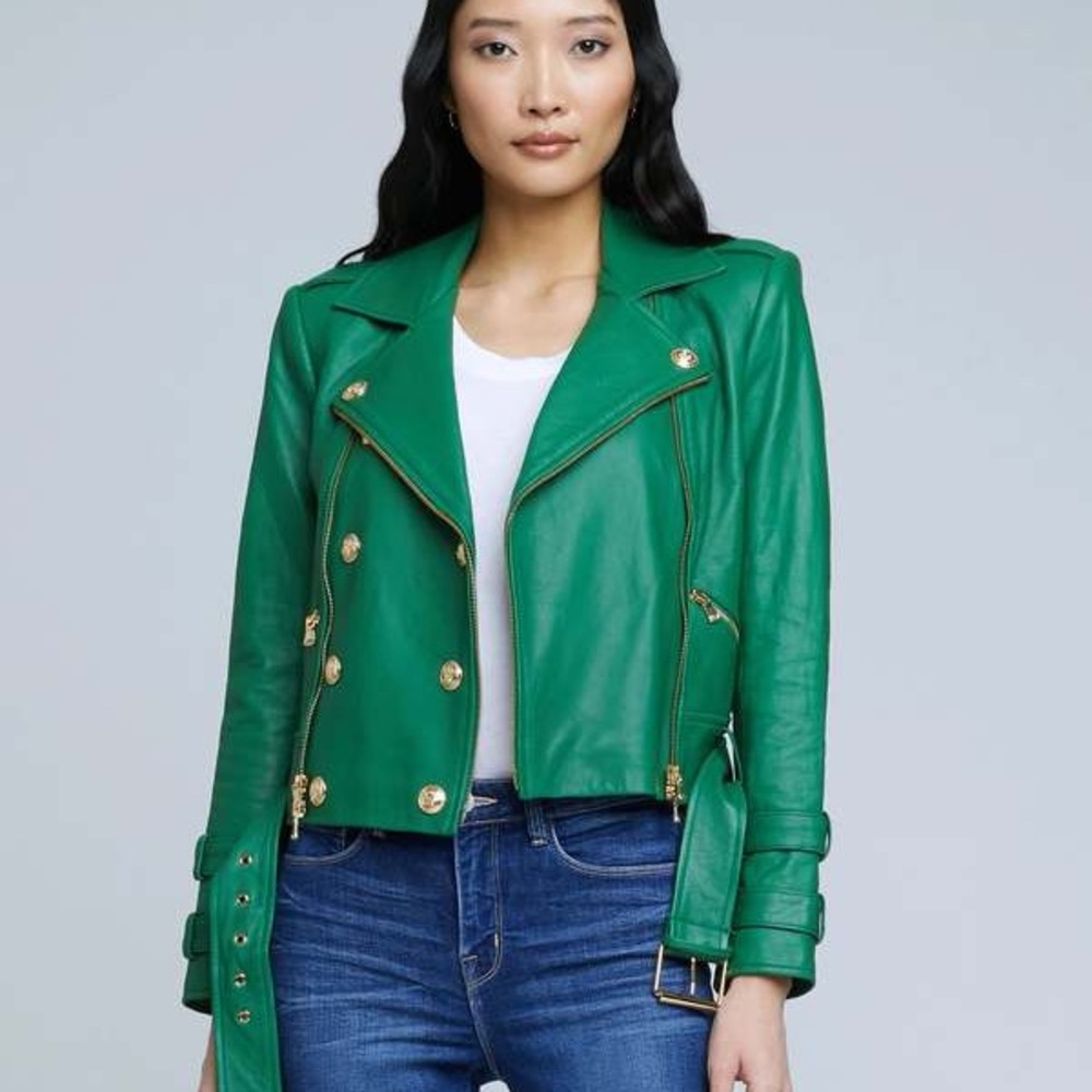L'AGENCE Green Leather Double-Breasted Billie Moto Jacket - XS - NWT - Picture 3 of 3